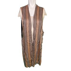 Nualy Tan Striped Duster Cardigan Sleeveless Satin Jacket Tunic Top sz 40/S-M